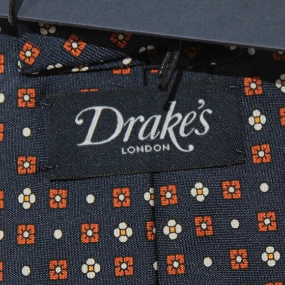 Drake's NWT Neck Tie in Navy w/ Orange/White/Yellow Geometric Pattern 100% Silk